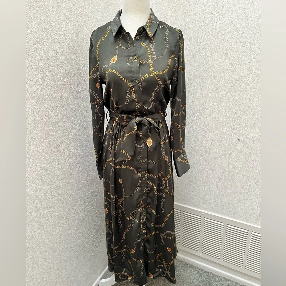 Mango Olive Green Chain-Print Midi Shirt Dress